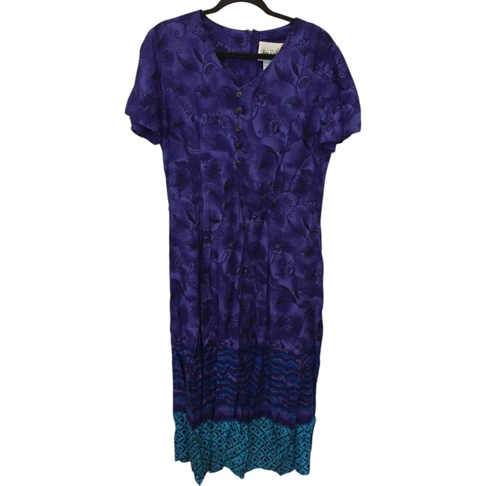 Olura Rose‎ Button Front V-Neck Floral 100% Rayon Challis Blue Women's Size 14